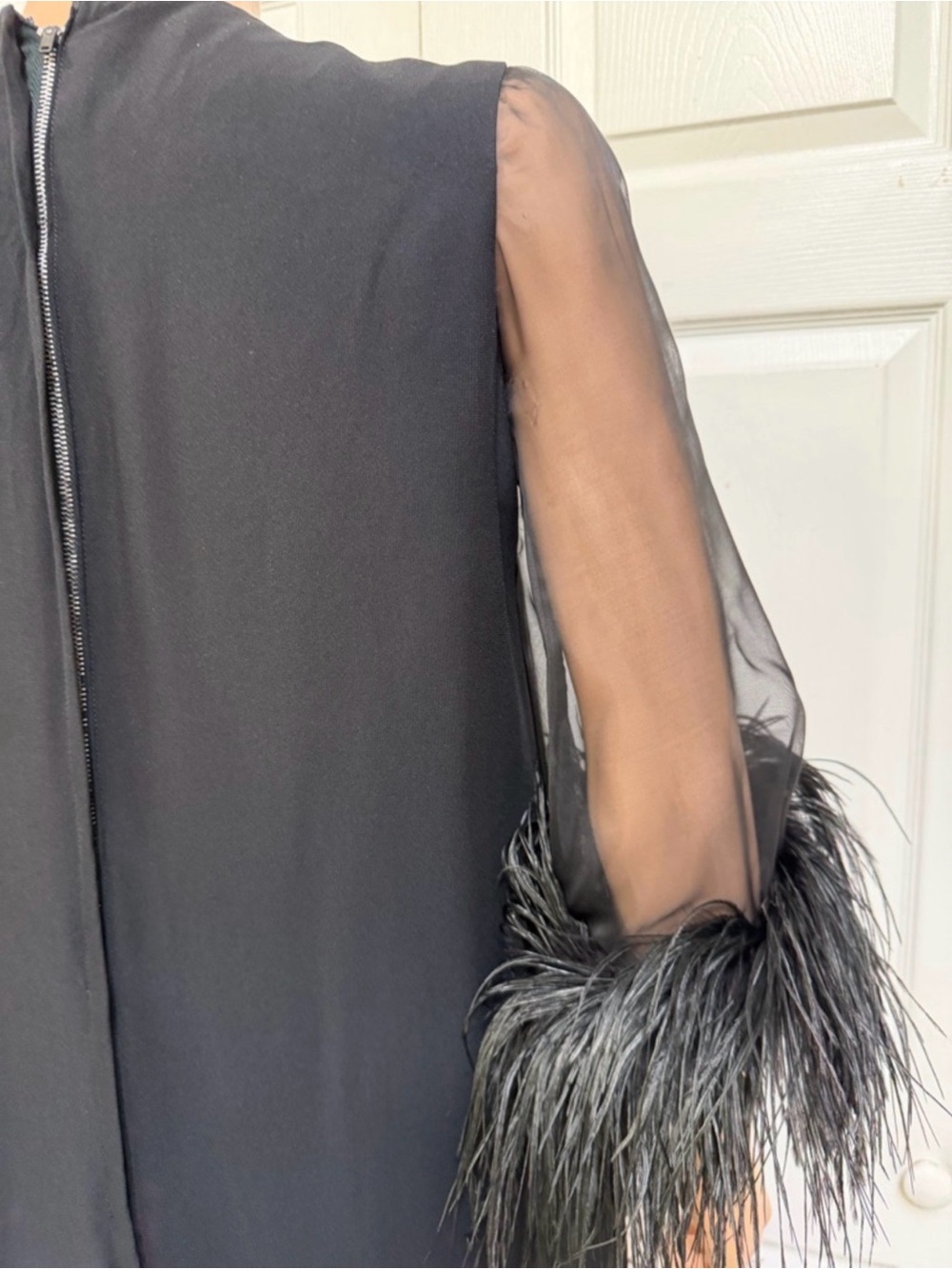 Vintage 60’s black cocktail dress w/ feather trim & sheer sleeves small - Picture 7 of 12